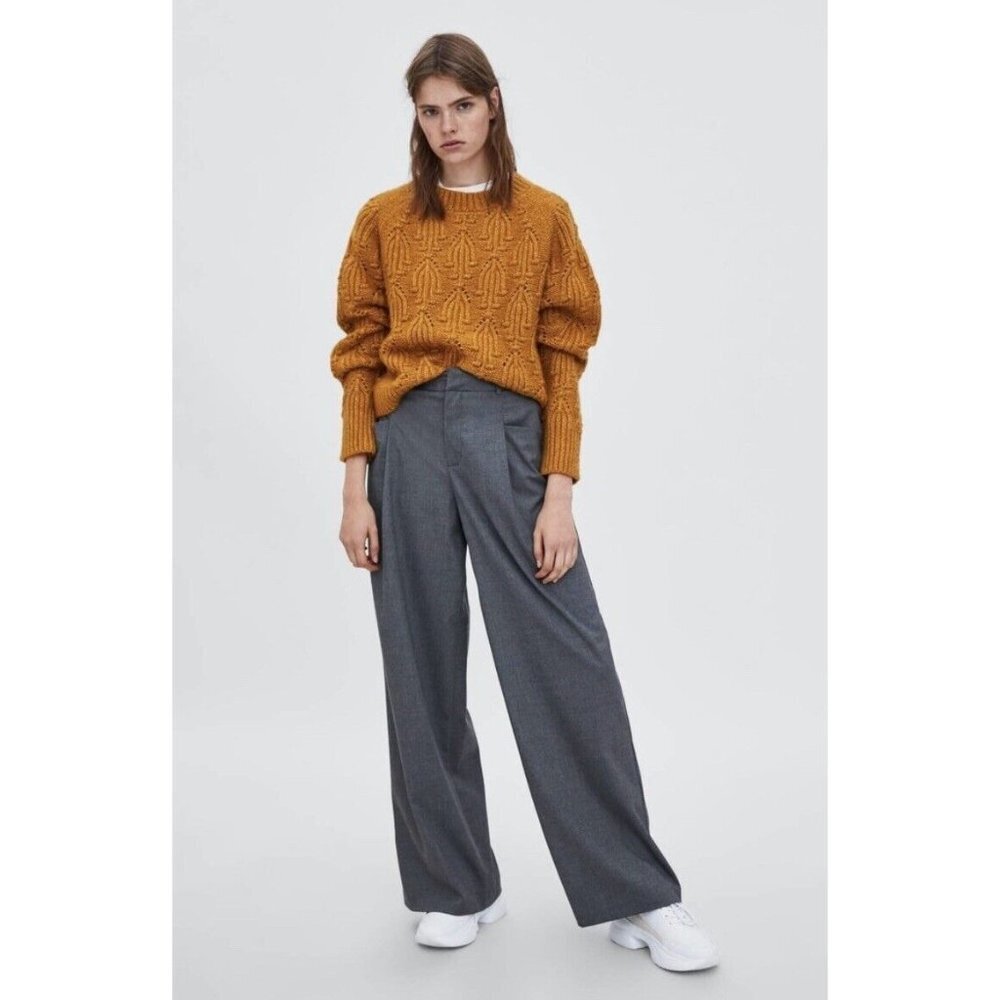 Zara Womens Sweater Sz L Mustard Yellow Crew Neck Wool Knit Pullover Fall Photos